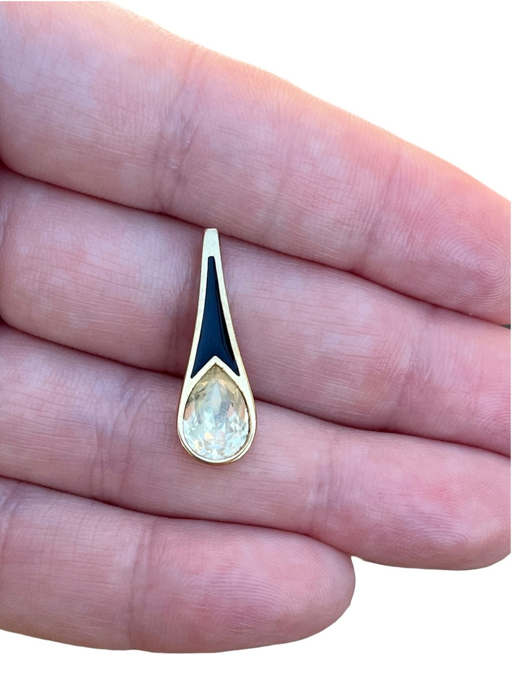 Vintage 1978 Givenchy Gold Tone Black Enamel Crystal Teardrop Pendant Charm